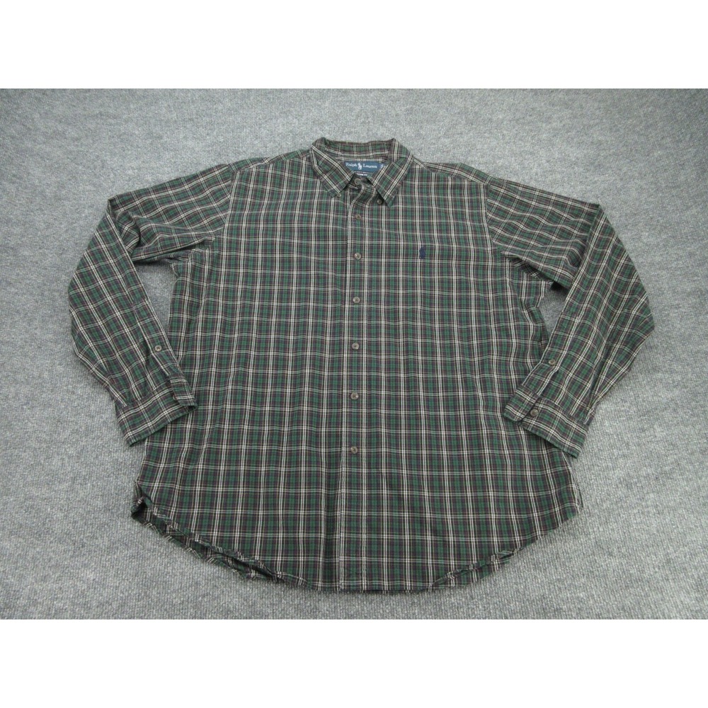 Ralph Lauren Mens Button Down Shirt Custom Fit Green Plaid Pony Logo XL